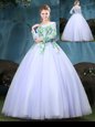 Scoop Appliques Quinceanera Dress Lavender Lace Up Long Sleeves Floor Length
