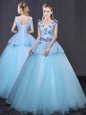 Flare Light Blue 15th Birthday Dress Military Ball and Sweet 16 and Quinceanera and For with Appliques V-neck Sleeveless Lace Up