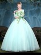 Simple Aqua Blue Quince Ball Gowns Military Ball and Sweet 16 and Quinceanera and For with Appliques Scoop Long Sleeves Lace Up