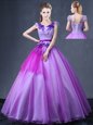 Deluxe Floor Length Lavender Quince Ball Gowns Organza Short Sleeves Lace and Appliques
