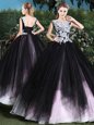 Scoop Sleeveless Lace Up Quinceanera Gown Pink And Black Tulle