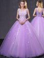 V-neck Sleeveless Quince Ball Gowns Floor Length Lace and Appliques Lavender Tulle