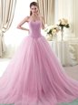 Rose Pink Tulle Lace Up Sweetheart Sleeveless With Train 15 Quinceanera Dress Brush Train Beading