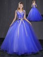 Custom Designed Sleeveless Tulle Floor Length Lace Up Vestidos de Quinceanera in Royal Blue for with Appliques and Belt