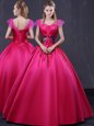 Flirting Hot Pink Cap Sleeves Floor Length Appliques Lace Up Sweet 16 Dress
