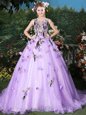 Glittering Scoop Organza Sleeveless 15th Birthday Dress Brush Train and Appliques