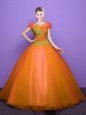 Orange Lace Up Scoop Appliques Sweet 16 Dress Tulle Short Sleeves
