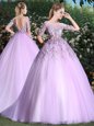 Scoop Lilac Ball Gowns Appliques Quinceanera Gown Backless Tulle Short Sleeves With Train