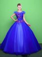 Charming Scoop Blue Tulle Lace Up Quince Ball Gowns Short Sleeves Floor Length Appliques
