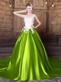 Scoop Yellow Green Elastic Woven Satin Lace Up 15 Quinceanera Dress Sleeveless With Train Court Train Lace and Appliques