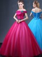Stylish Off The Shoulder Sleeveless Lace Up Vestidos de Quinceanera Fuchsia Tulle