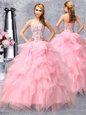 Flirting Rose Pink Sweet 16 Quinceanera Dress Military Ball and Sweet 16 and Quinceanera and For with Beading and Ruffles Sweetheart Sleeveless Lace Up