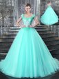 Custom Made Straps Sleeveless Sweet 16 Dresses With Brush Train Beading and Appliques Aqua Blue Tulle