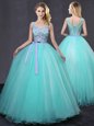 Glittering Aqua Blue Scoop Lace Up Appliques and Belt Quinceanera Dresses Sleeveless