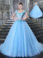 Best Straps With Train Light Blue Sweet 16 Dresses Tulle Brush Train Sleeveless Beading and Appliques