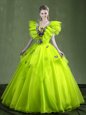 Graceful Appliques and Ruffles Quinceanera Gown Yellow Green Lace Up Sleeveless Floor Length