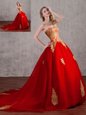 Peach Lace Up V-neck Appliques Quince Ball Gowns Tulle Sleeveless Brush Train