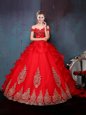 Trendy Off the Shoulder Sleeveless Tulle Floor Length Lace Up Quince Ball Gowns in Red for with Beading and Appliques and Ruffles