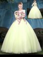 Scoop Yellow Green Long Sleeves Floor Length Appliques Lace Up Ball Gown Prom Dress