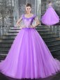 Brush Train Ball Gowns Quinceanera Dress Lilac Straps Tulle Sleeveless With Train Lace Up