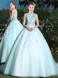 Scoop Light Blue Ball Gowns Beading and Appliques Quinceanera Dress Lace Up Tulle Sleeveless