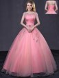 Scoop Floor Length Ball Gowns Cap Sleeves Watermelon Red Sweet 16 Dress Lace Up