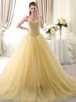 Gold Sleeveless Floor Length Beading Lace Up Sweet 16 Quinceanera Dress
