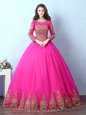 Free and Easy Scoop Appliques Ball Gown Prom Dress Fuchsia Lace Up Long Sleeves Floor Length