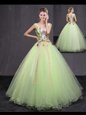 Pretty Ball Gowns Quince Ball Gowns Yellow Green V-neck Tulle Sleeveless Floor Length Lace Up