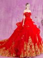 New Style Red Ball Gowns Tulle Off The Shoulder Sleeveless Beading and Appliques and Ruffles With Train Lace Up Quinceanera Dress Court Train