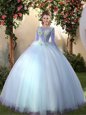Big Puffy Light Blue Lace Up Scoop Appliques Quinceanera Gown Tulle Long Sleeves