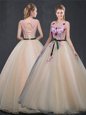 Exquisite Scoop Champagne Lace Up Quinceanera Dress Appliques Sleeveless Floor Length