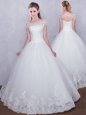 Scoop Lace Bridal Gown White Lace Up Cap Sleeves Floor Length