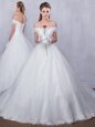 Luxury With Train White Wedding Gowns Scalloped Sleeveless Court Train Lace Up