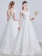 Scoop Short Sleeves Lace Up Floor Length Appliques Wedding Gowns