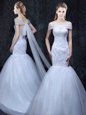 Stylish Brush Train Mermaid Wedding Gown White Off The Shoulder Tulle Short Sleeves With Train Lace Up