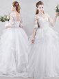 Discount Scoop White Half Sleeves Brush Train Lace and Ruffles With Train Wedding Dresses