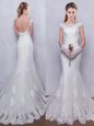 Suitable Mermaid Scoop Cap Sleeves With Train Backless Wedding Gown White and In for Wedding Party with Lace Brush Train