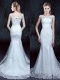 Adorable Mermaid White Wedding Dresses Wedding Party and For with Lace Scoop Cap Sleeves Brush Train Lace Up