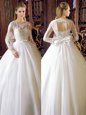 Amazing Scoop White Lace Up Wedding Dress Lace and Bowknot Long Sleeves Floor Length