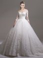 White Wedding Gowns Off The Shoulder Half Sleeves Cathedral Train Zipper
