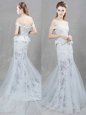 Perfect Mermaid With Train White Wedding Dresses Off The Shoulder Sleeveless Brush Train Lace Up