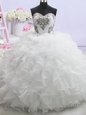 Wonderful White Ball Gowns Sweetheart Sleeveless Organza With Brush Train Lace Up Beading and Ruffled Layers Wedding Dress
