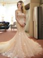 Customized Mermaid Champagne Tulle Lace Up Sweetheart Sleeveless With Train Wedding Gown Court Train Appliques and Hand Made Flower