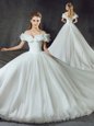Dazzling Off the Shoulder Backless Sleeveless With Train Appliques Lace Up Wedding Dress with White Court Train