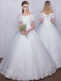 Off the Shoulder Floor Length White Bridal Gown Tulle Short Sleeves Lace