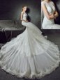Mermaid Scoop Sleeveless With Train Lace Side Zipper Wedding Gowns with White Court Train