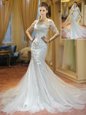 Modern Mermaid White Scoop Lace Up Appliques Wedding Gown Brush Train Half Sleeves