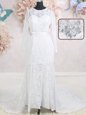 Most Popular Scoop White Empire Beading and Belt Wedding Gowns Zipper Lace Long Sleeves With Train