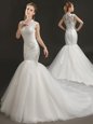 Perfect Mermaid White Wedding Gown Wedding Party and For with Lace and Appliques High-neck Sleeveless Court Train Zipper